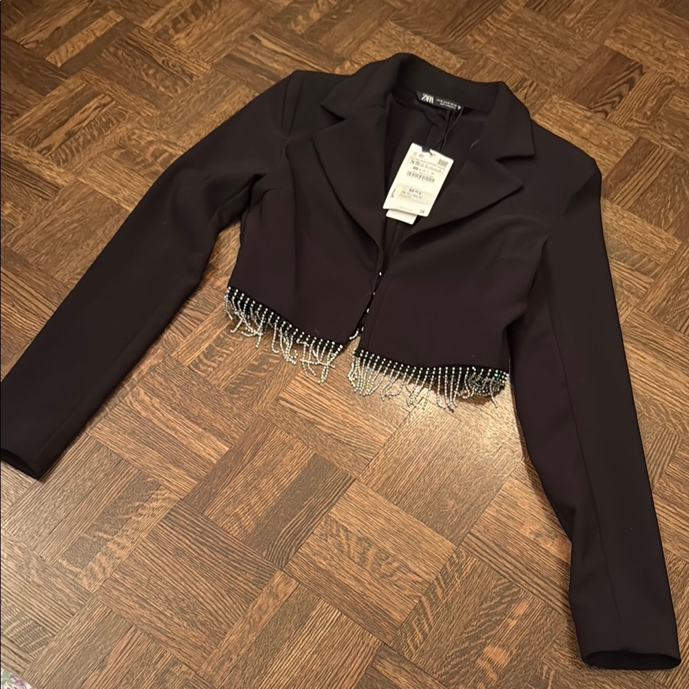 Zara Black Cropped Jacket with rhinestone Fringe size XS